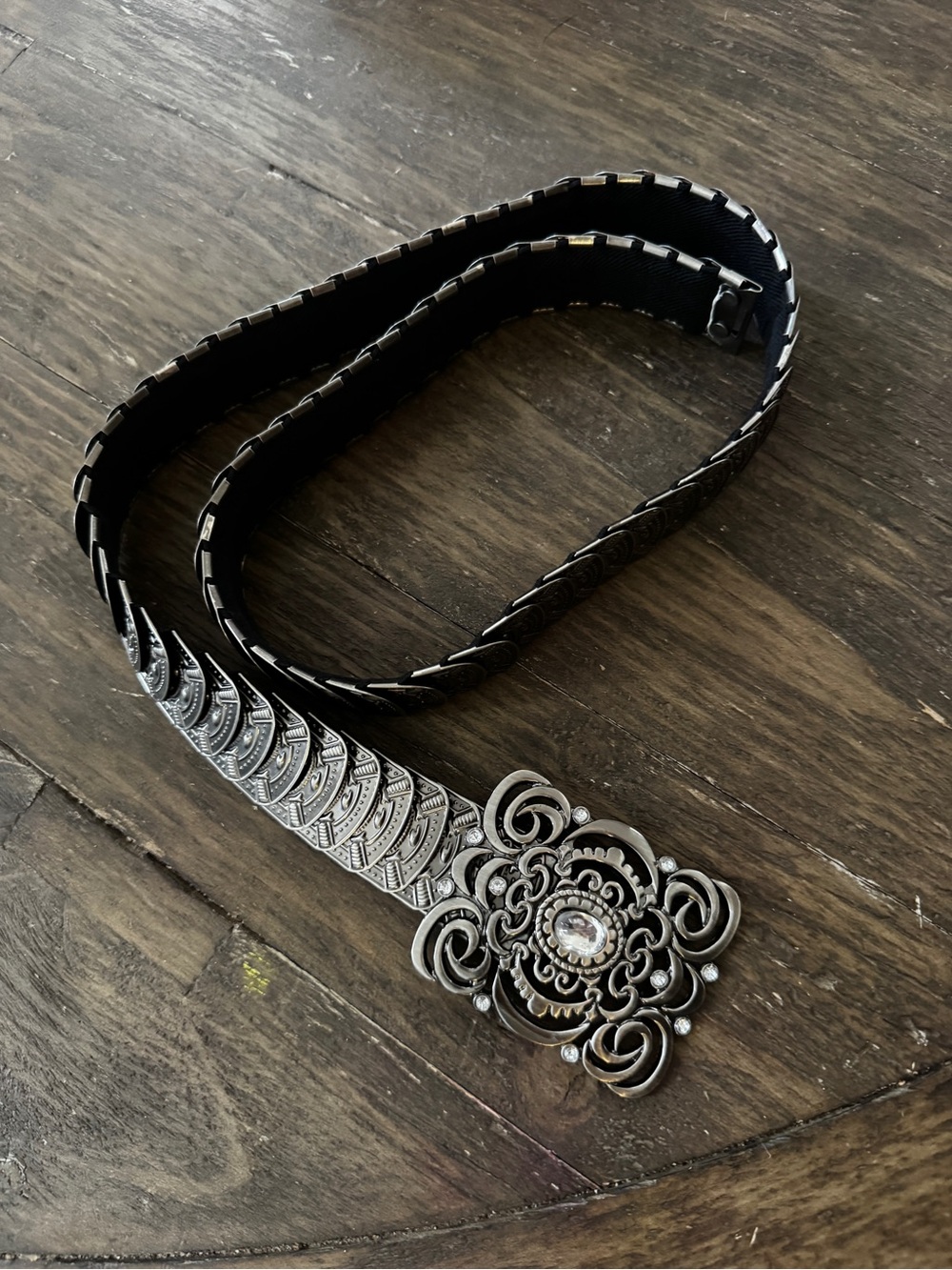 Vintage Ornate Silver-Tone Floral Western Belt - Black
